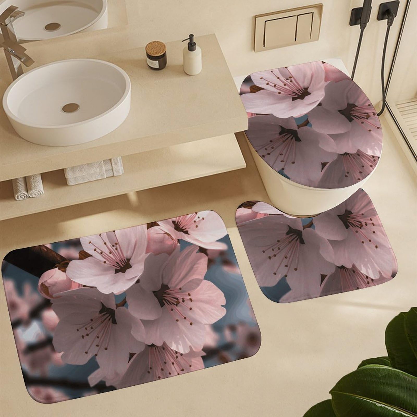 SOPIYRIO Duschvorhang-Set Mit Kirschblüten-Motiv – Inkl. Badematte, WC-Deckelbezug & 12 Haken, 183x183 Cm