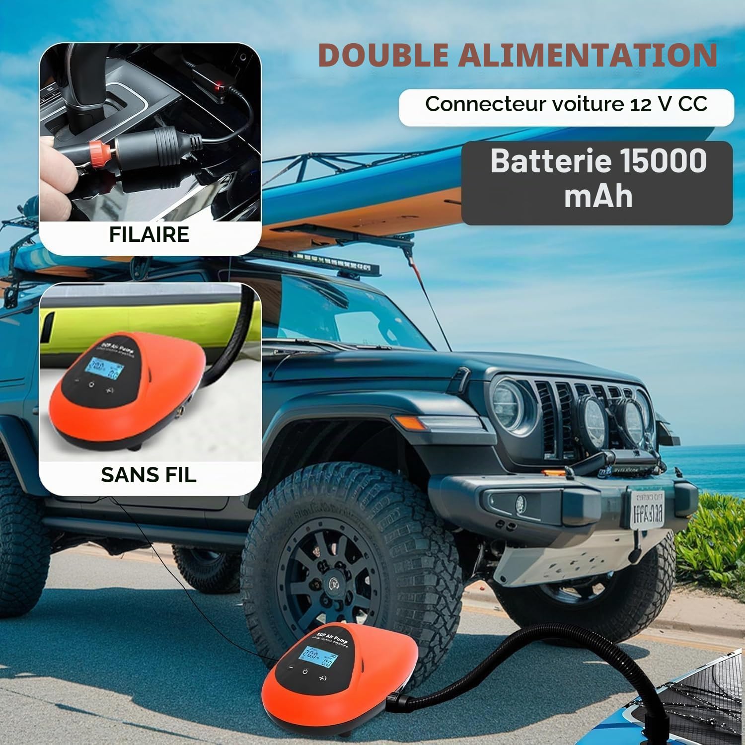 TONSIM Pompa Elettrica Ricaricabile 20 PSI - Gonfiatore Portatile ad Alta Pressione per Sup, Gommoni e Barche - Batteria Integrata e Adattatore 12V per Auto - Ideale per Campeggio e Sport Acquatici