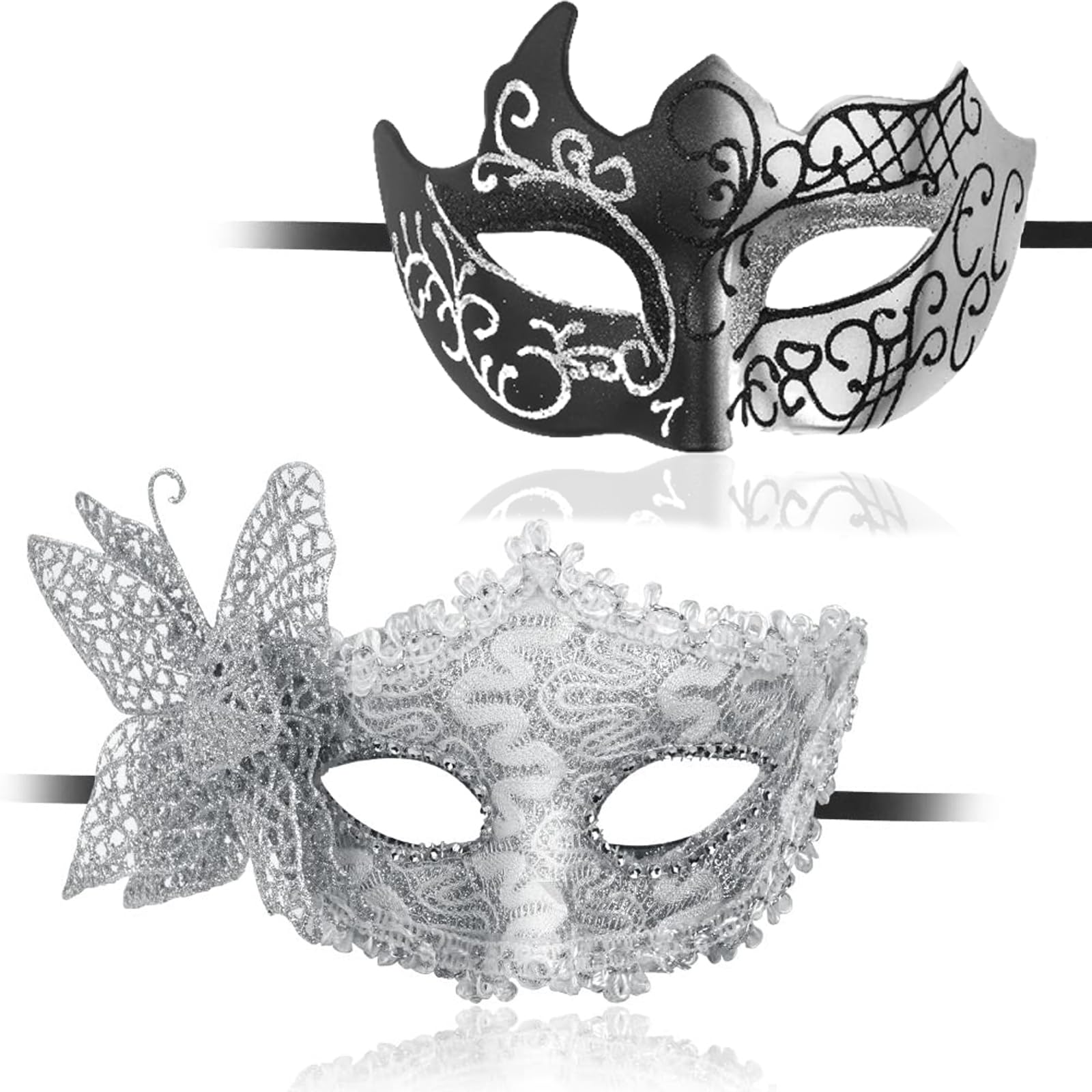 2 Pack Christmas Halloween Masquerade Mask, Couples Masquerade Mask for Women & Man, Feather Silver Lace Party Mask, Masquerade Masks for Women Silver Carnival Prom Ball Fancy Dress Party Supplies