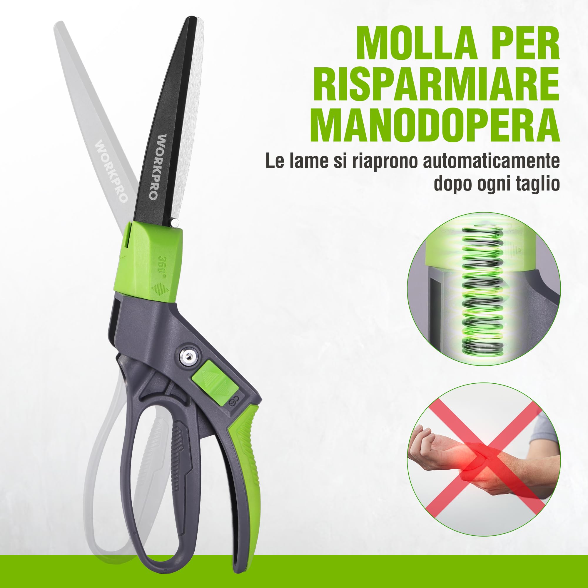 WORKPRO Forbici da Erba Rotanti 360°, Cesoie da Giardino 350mm con Lama Rivestita Antiruggine, Impugnatura Ergonomica, Blocco di Sicurezza per Prato, Piante e Bonsai