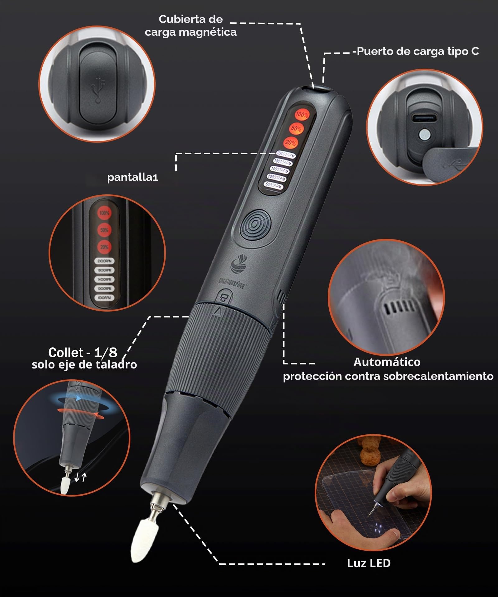 Mini Amoladora Herramienta Rotativa 8V | 5 Velocidades (6000-23000 RPM) con 56 Accesorios | Mini Amoladora Multifunción con Luz LED | Ideal para Bricolaje, Grabado y Pulido