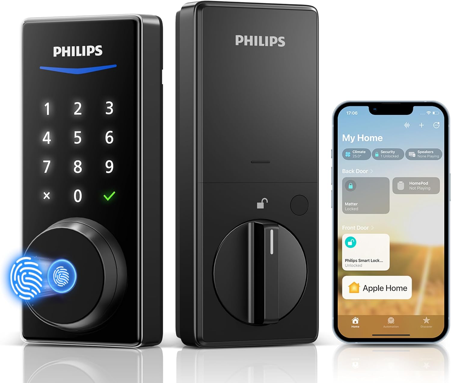 Philips Smart Door Lock with Apple Home, Matter Over Thread, Keyless Entry Door Lock with App Remote Control, Touchscreen Fingerprint Front Door Lock Set, Deadbolt Lock with Apple Home, Alexa, Google