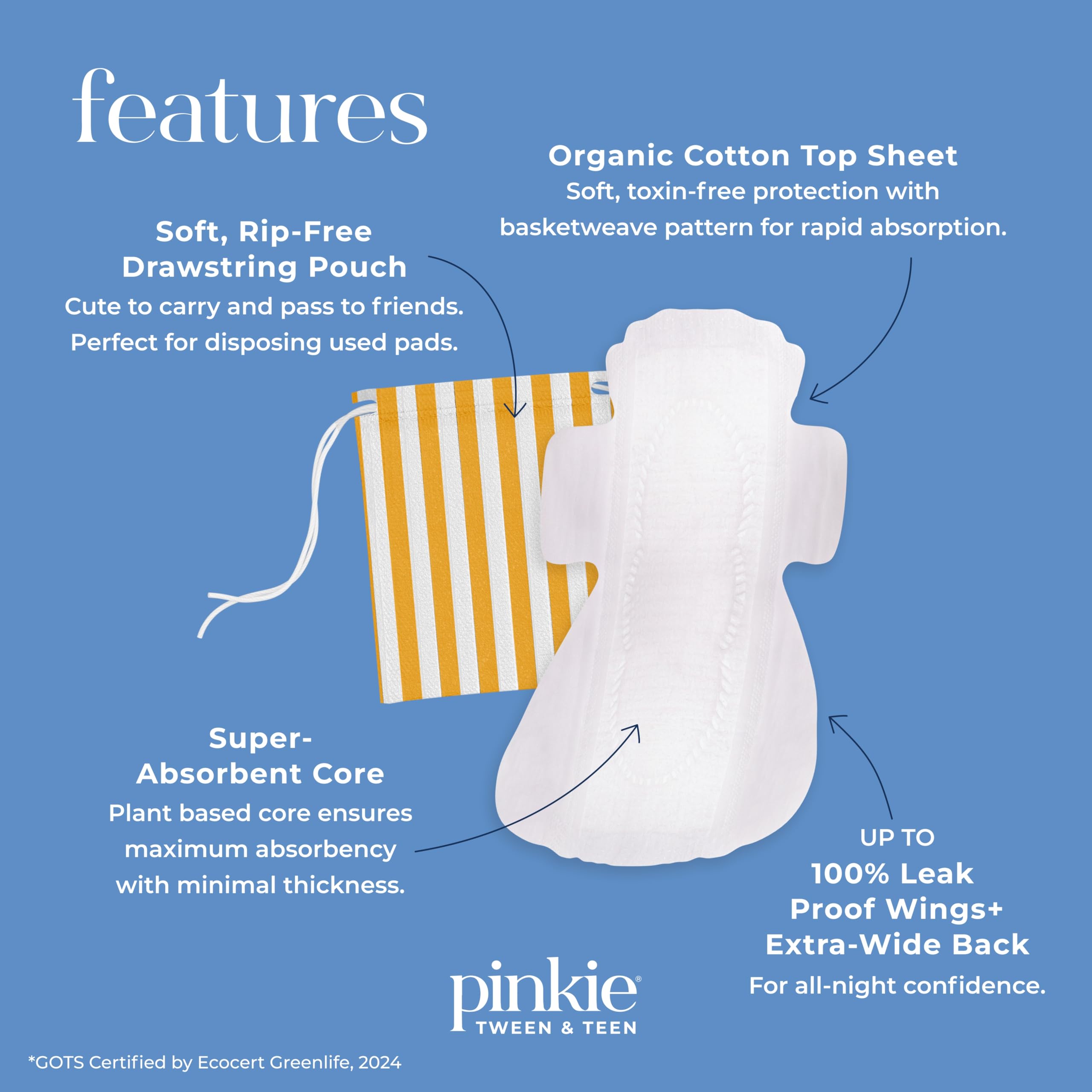 Pinkie - Almohadillas de iniciación para la menstruación – Diseñadas para ropa interior más pequeña – Almohadillas de algodón orgánico para adolescentes y adolescentes con alas – Sin cloro y sin