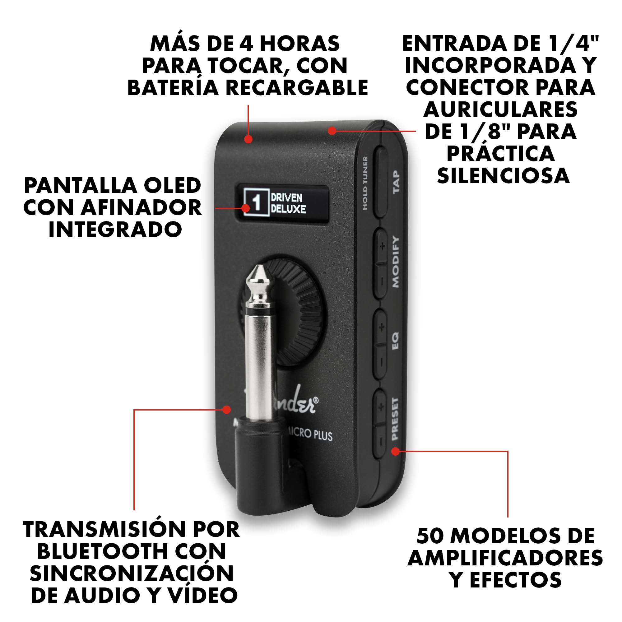 Fender Mustang Micro Plus Amplificador de Guitarra, Amplificador de Auriculares Personal con 25 Modelos de Amplificador, 25 Efectos, Bluetooth y 100 presets, Recargable por USB