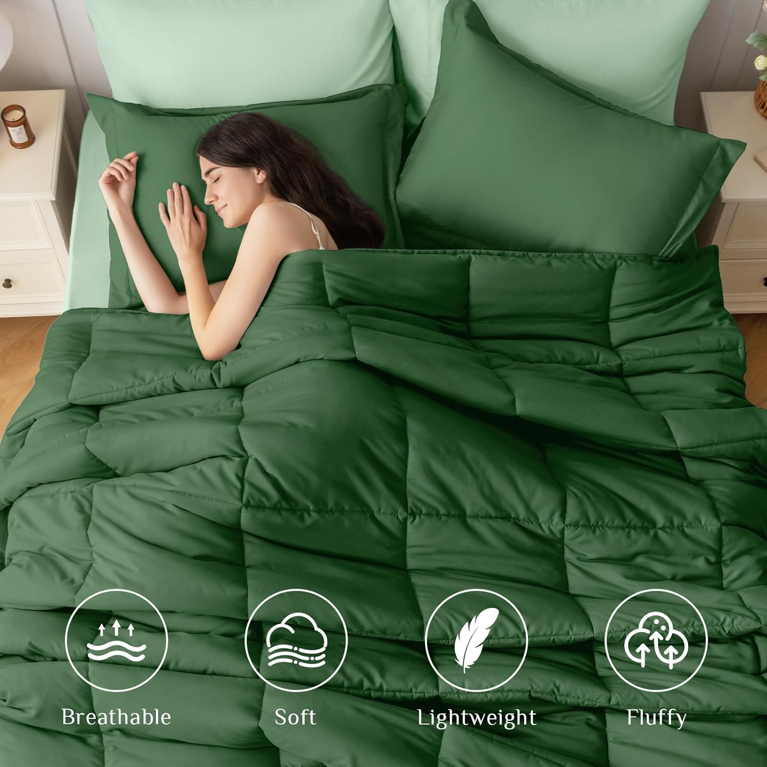 JOLLYVOGUE Queen Comforter Set, Ultra-Soft Bed in a Bag Queen Size 7 Pieces, Oeko-TEX Certified Bedding Set with Down Alternative Comforter, Sheets, Pillowcases & Shams, Dark Green & Light Green - Image 2