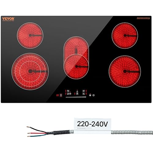 VEVOR Electric Cooktop, 36 inch 5 Burners Built-in Electric Stove Top, 8600W Ceramic Top Radiant Cooktop with Glass Panel, Touch Control, Timer, Child Lock, 9 Heat Level, 220-240V, Hard Wire (No Plug)