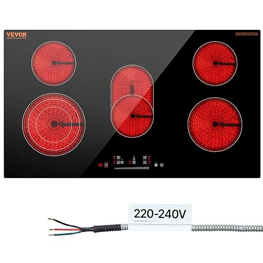 VEVOR Electric Cooktop, 36 inch 5 Burners Built-in Electric Stove Top, 8600W Ceramic Top Radiant Cooktop with Glass Panel, Touch Control, Timer, Child Lock, 9 Heat Level, 220-240V, Hard Wire (No Plug)