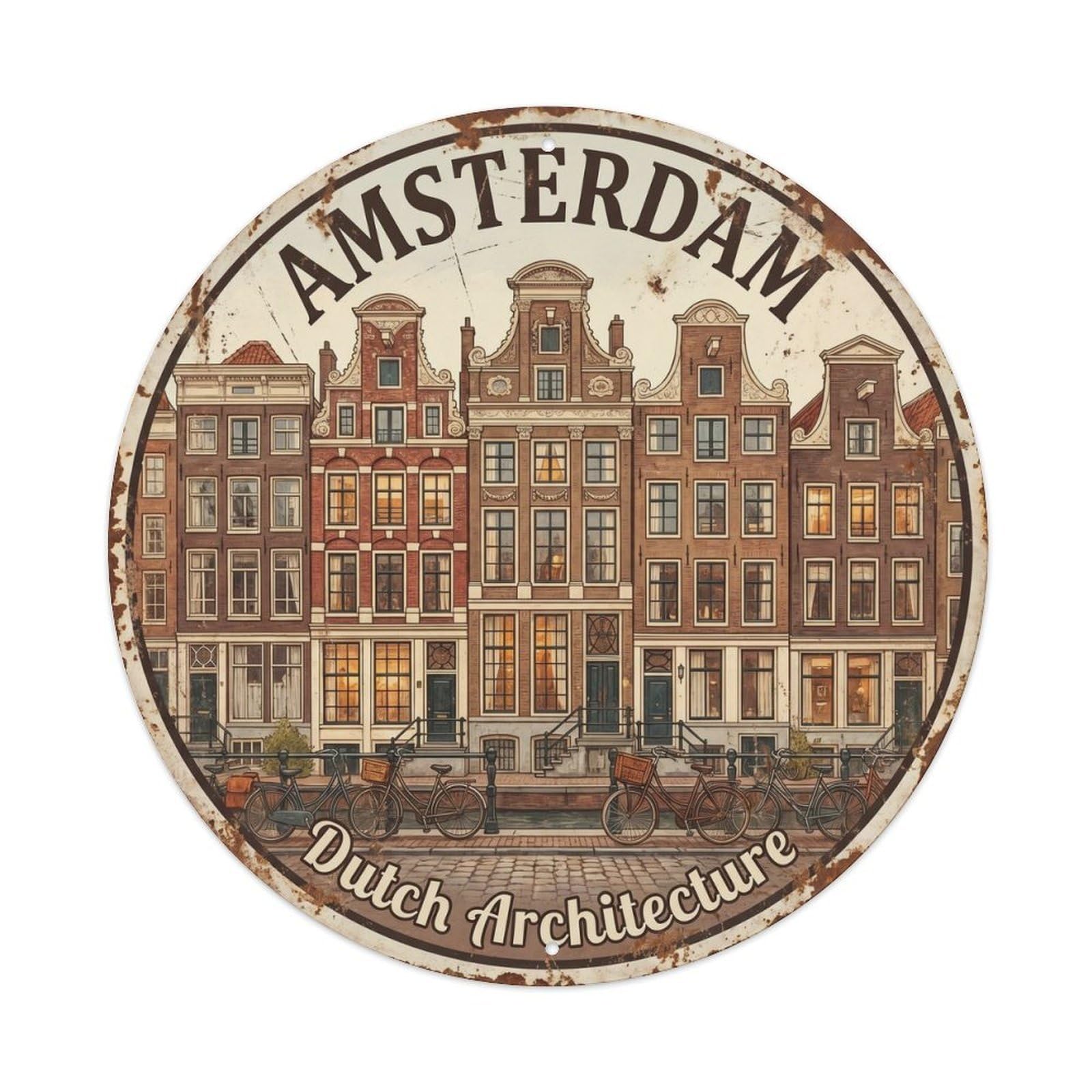 Vintage Travel Amsterdam Architecture Detail Metal Tin Sign Plaque Wall Decor for Cafe, Club, Garden Round Metal Poster 8x8Inch