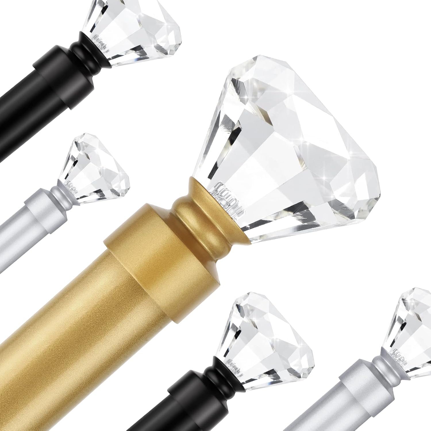 2 Pack Curtain Rods for Windows 30 to 54 Inches（2.5-4.5 Feet）, 1 Inch Diameter Adjustable Single Window Rod, Decorative Drapery Rods, Crystal Diamond Finials, Gold