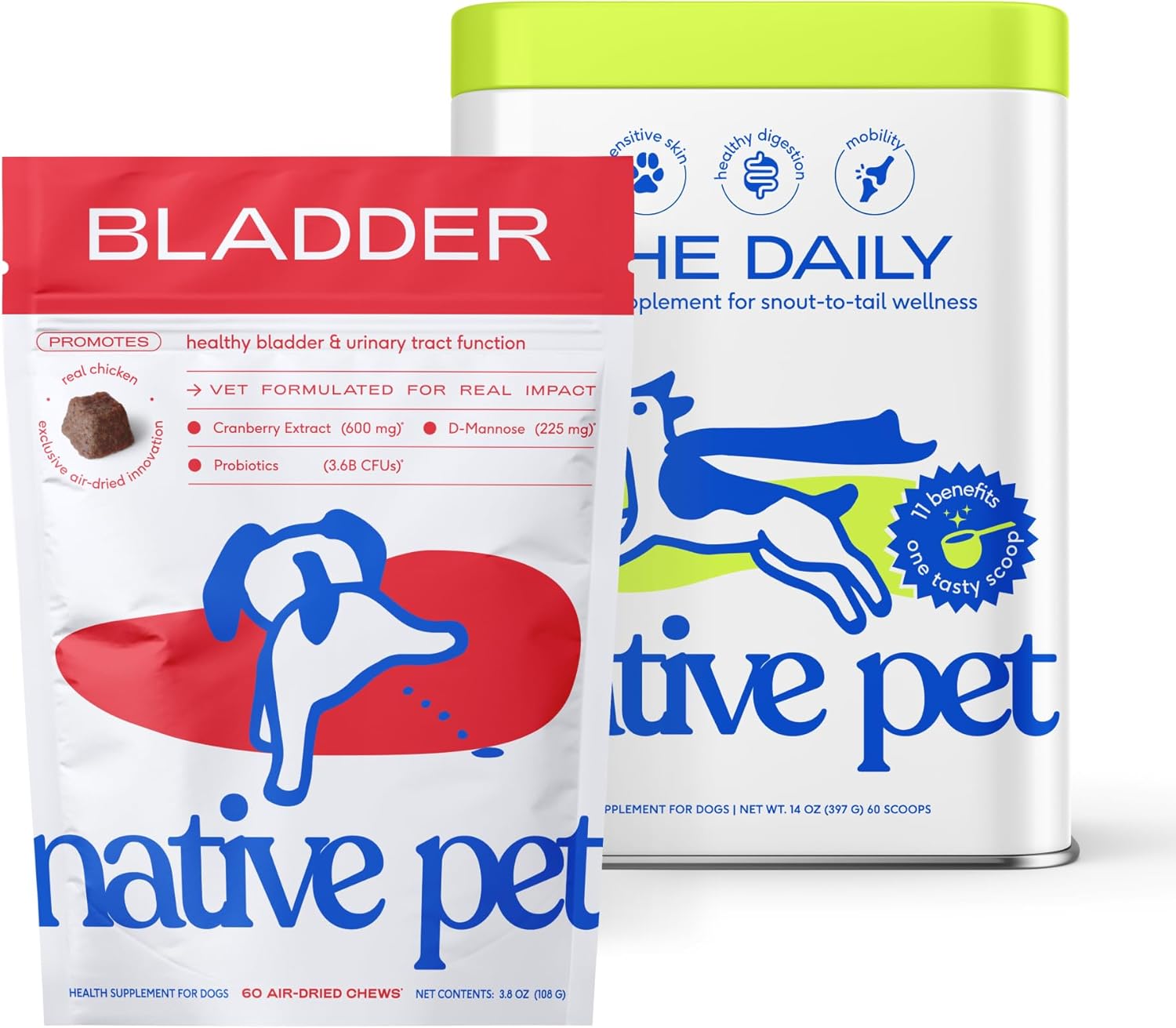 Native Pet Bladder & Immune Support Bundle: Bladder Chews for Dogs (60 Air-Dried Chews) & The Daily Dog Multivitamins (60 Scoops) - UTI Treatment & Prevention Plus 11-in-1 Multivitamin for Pups