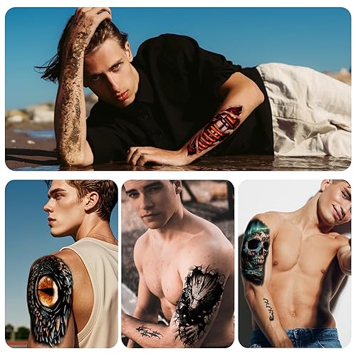 Miniatura 4 de Tatuaje temporal de brazo completo, 8 hojas y tatuaje falso de medio brazo, 8 hojas, tatuajes de flores, mariposa, ballena, cráneo, lobo, para