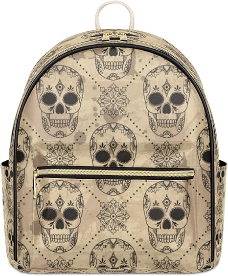 Sugar Skull Mini Backpack Purse for Women, Vintage Skull Leather Small Backpack Casual Travel Daypacks Shoulder Bag for Girls Teen