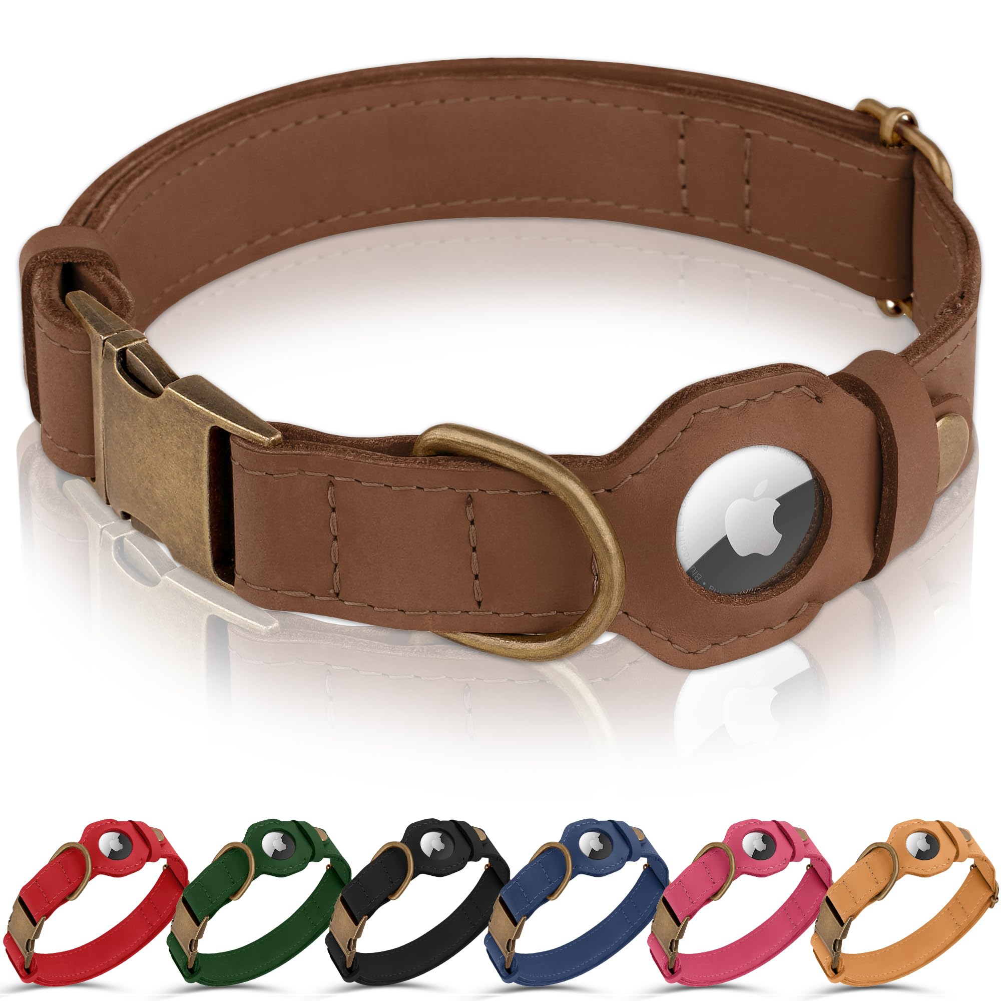 AirTag Dog Collar - Genuine Leather Dog Collar with Apple AirTag Holder and Metal Buckle - Smart GPS Tracking Pet Collars (Tawny, XS, 9"-12" Neck Fit)