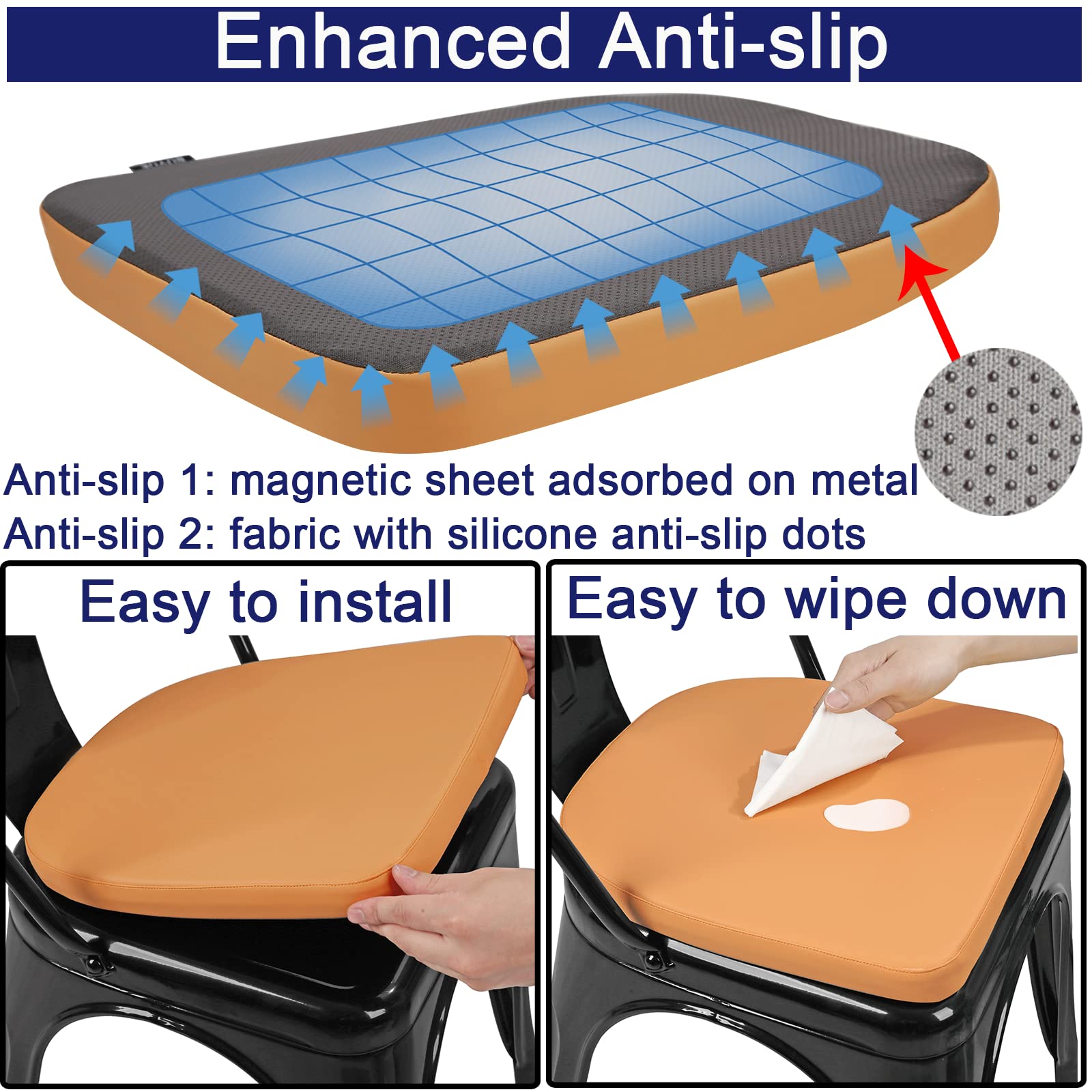 BUYUE - Cojines de metal para silla de 14 pulgadas con juego magnético de 4, almohadillas para orejas de asiento antideslizantes de piel sintética de lujo para cocina, cafetería, comedor, bistró,