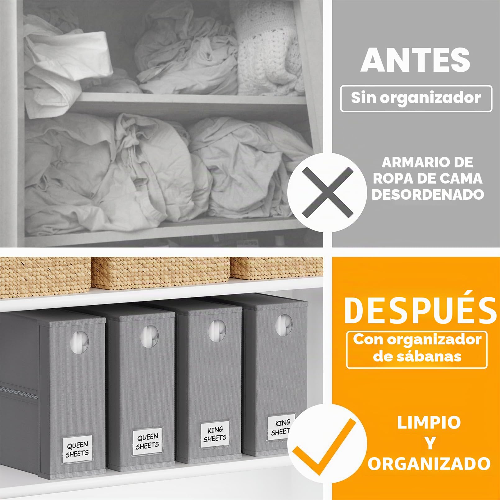 SpaceAid Paquete de 4 organizadores de sábanas y almacenamiento, organizador de sábanas plegable para armario de lino, juego de sábanas con ventana XL (tamaño Queen y King), contenedor organizador de