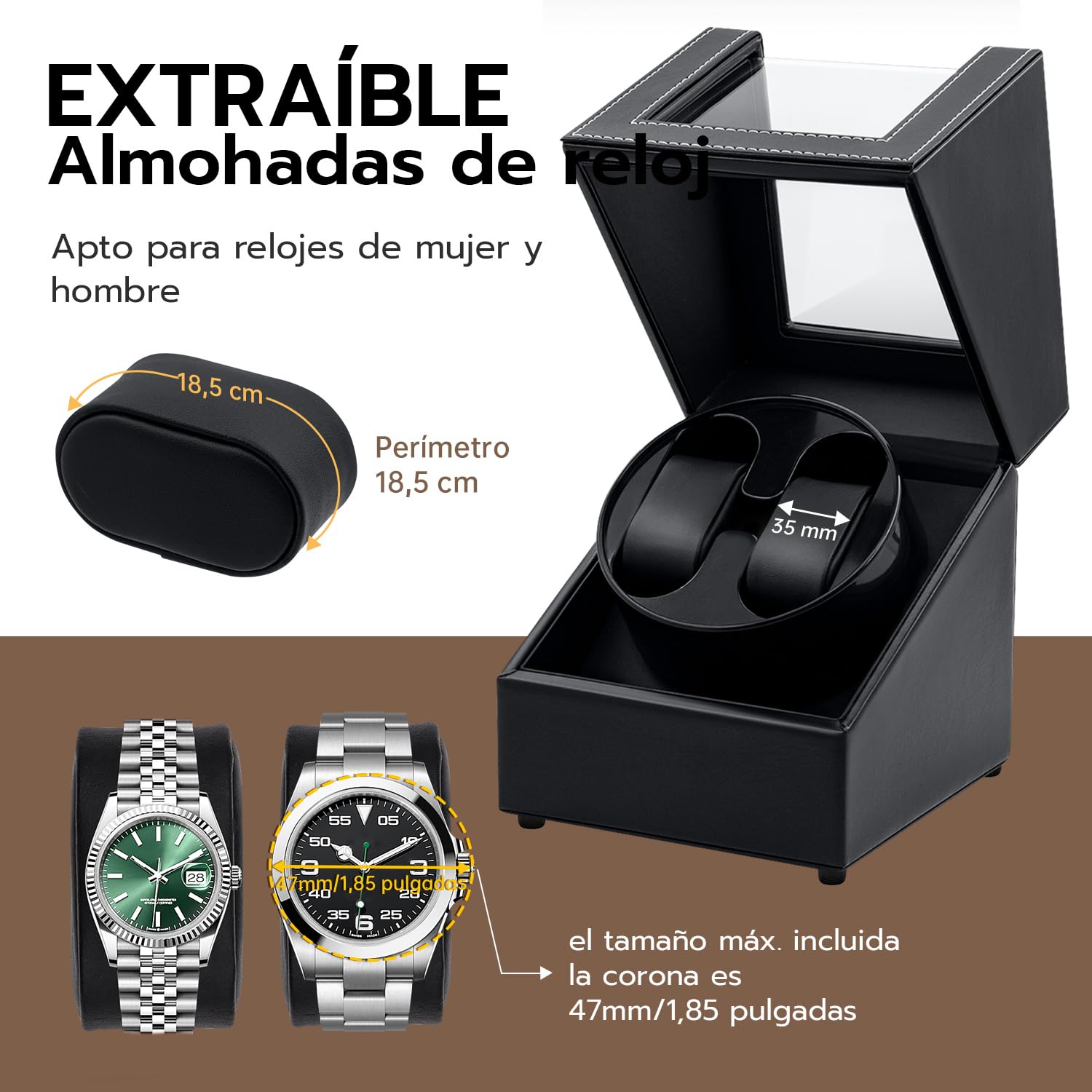 Cajas enrolladoras para Relojes para 2 Relojes automáticos, Caja enrolladora automática para Relojes, Vitrina acrílica de Cuero, rotación silenciosa