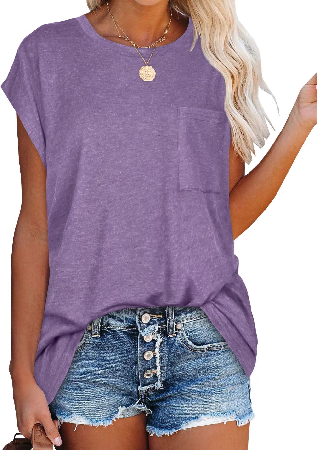 JOELLYUS Womens Summer Top Casual Tank Tops Cap Sleeve T Shirts Basic Tees with Pocket Loose Fit Blouses