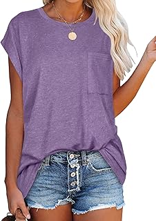 florynova Women\'s Cap Sleeve Tops Summer T-Shirts Loose Fit Blouse with Pocket Basic Tees