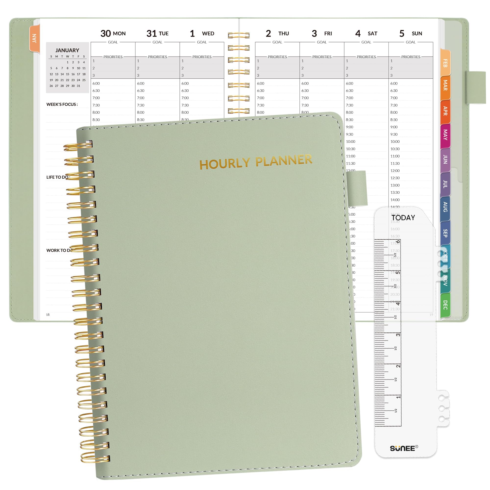SUNEE2025 Weekly Planner - Hourly Schedule 6.4"x8.5", 30-Minites Appointment Book(Jan 2025 - Dec 2025), Hourly, Weekly & Monthly Vegan Leather Cover Planner 2025 Year Calendar, Sage Green