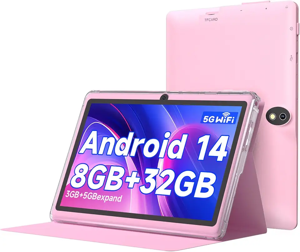 Tablet Android 14.0 de 7 polegadas com capa protetora, 8 GB (expansão de 3 + 5 GB) RAM + 32 GB de ROM, tela 1024 x 600 IPS, câmera dupla, bateria de 3000 mAh, aba WiFi Bluetooth 5.0 (rosa)