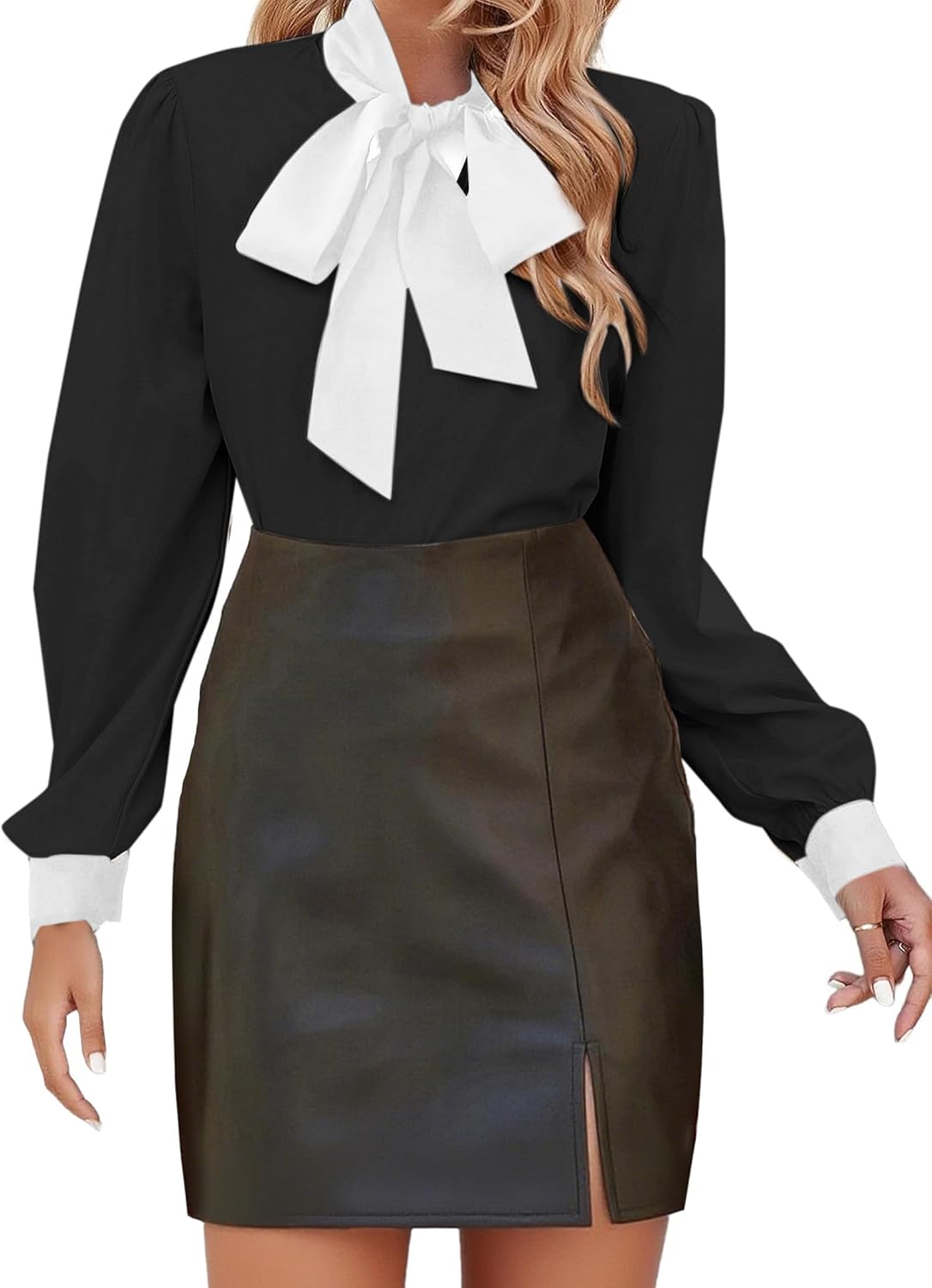 Avanova Women Tie Neck Bishop Long Sleeve Shirts Casual Work Blouses Tops - Image 4