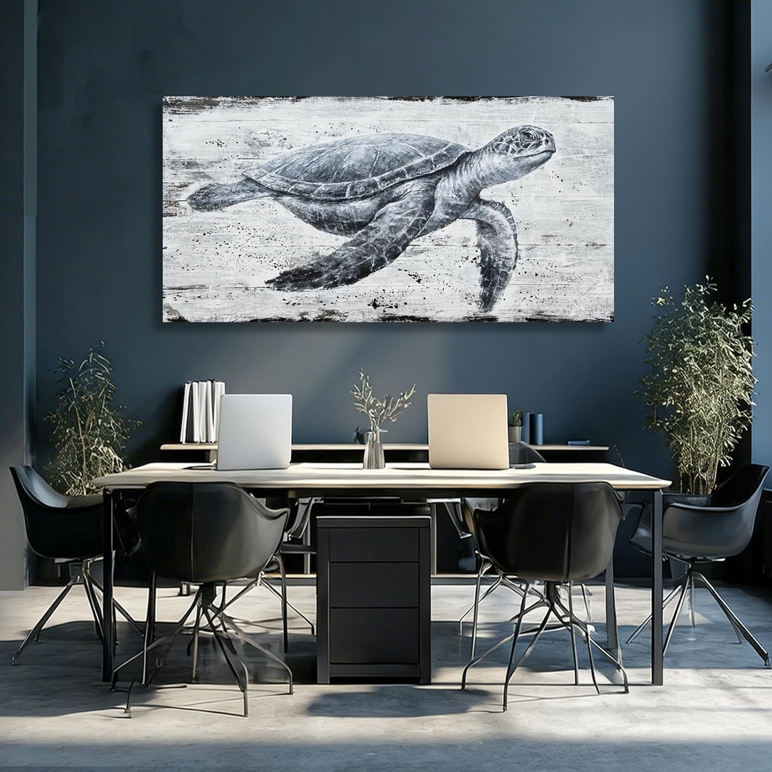 Hue7Art Marine Life Turtle Wall Art Canvas Ocean Wildlife Illustration, Retro Coastal Style Painting for Living Room Bedroom Bathroom Seaside Wall Decoration 29x58 Inch