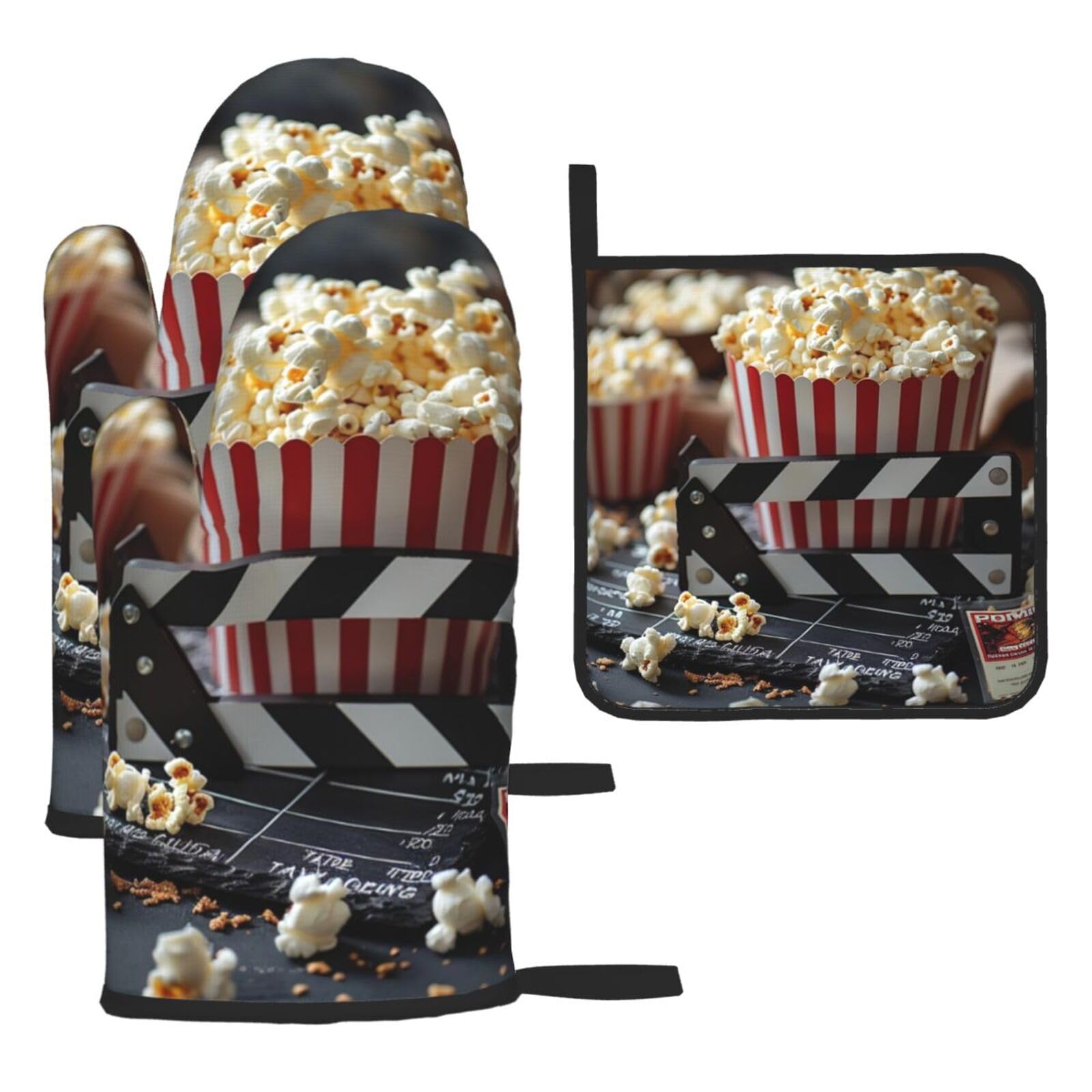 Oven Mitts and Pot Holders Set of 3 Heat Resistant Non-Slip Kitchen Gloves Hot Pads Cinema Clapboard and Popcorn Mittens Non-Slip Potholders for Cooking Baking Grilling BBQ