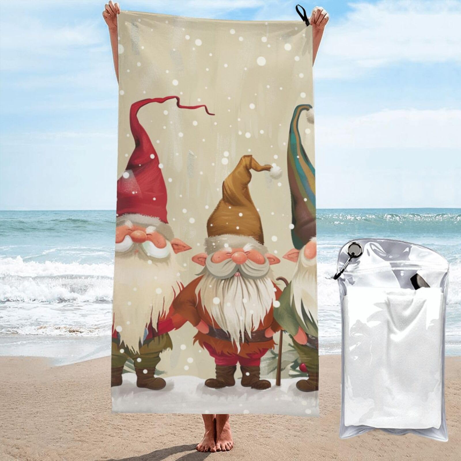 kkvhhyuo Microfiber Beach Towel, Christmas Gnomes Printed Lightweight Quick Dry Travel Bath Sheet with Compact Carry Bag for Swimming Yoga Camping Gym,27.5"x55"