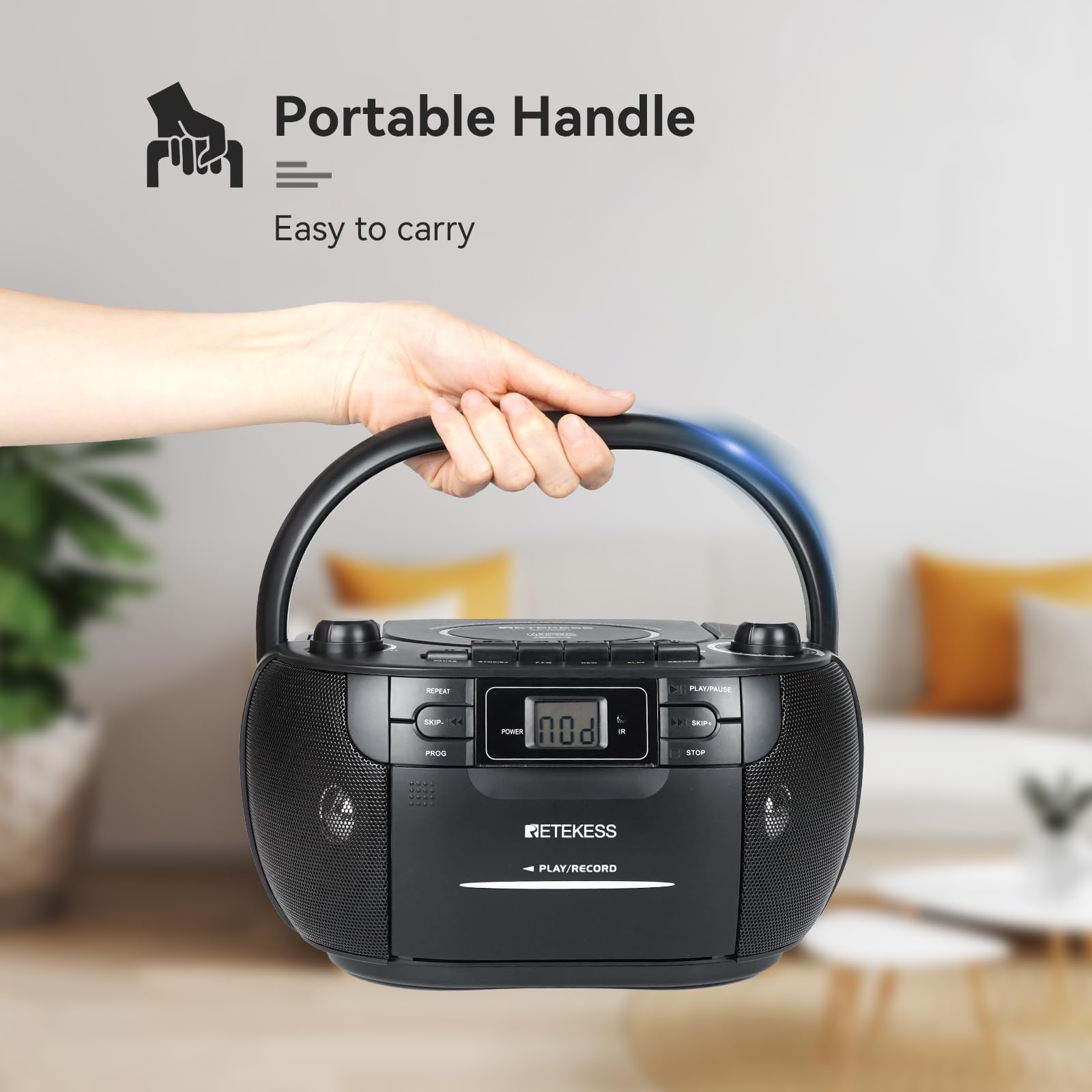 Retekess TR621 Przenośny Odtwarzacz CD Boombox Stereo z Radiem AM FM, Odtwarzacz Kasetowy, Magnetofon Kasetowy, Obsługa USB/TF/Słuchawek, z Pilotem (czarny)
