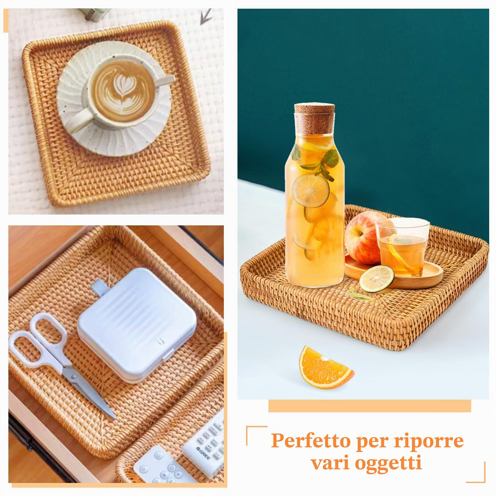 Vassoio Decorativo in Rattan, Cesto Portaoggetti Intrecciato, Organizer Scrivania Ufficio, Portaoggetti Tavolo Tessuto per Trucco, Tovaglioli, Dessert, Ornamenti