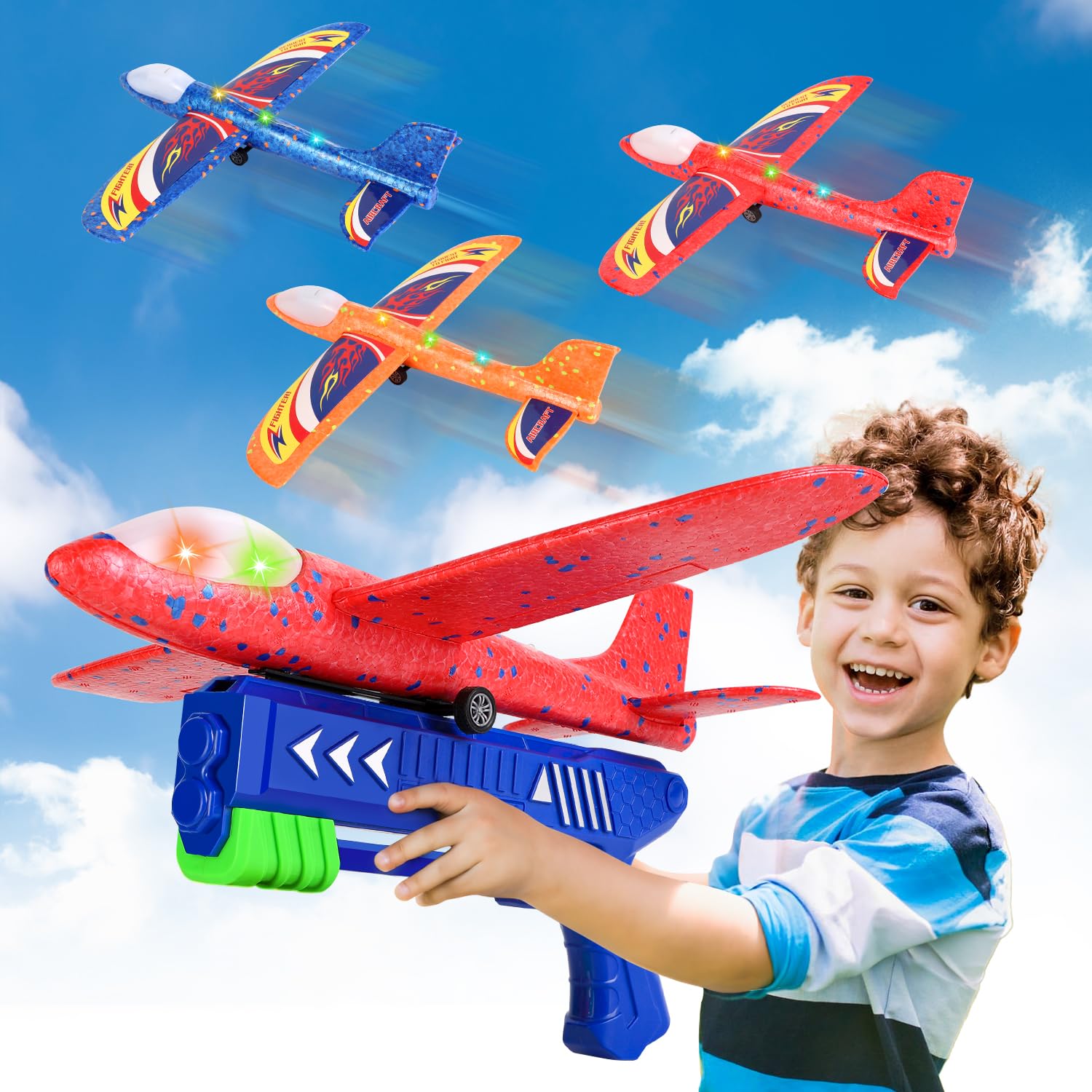 Juguetes lanzadores de aviones, paquete de 3 juguetes de catapulta de espuma LED de 13.2 pulgadas para niños, 2 modos de vuelo, juguetes voladores al aire libre, regalos de cumpleaños para