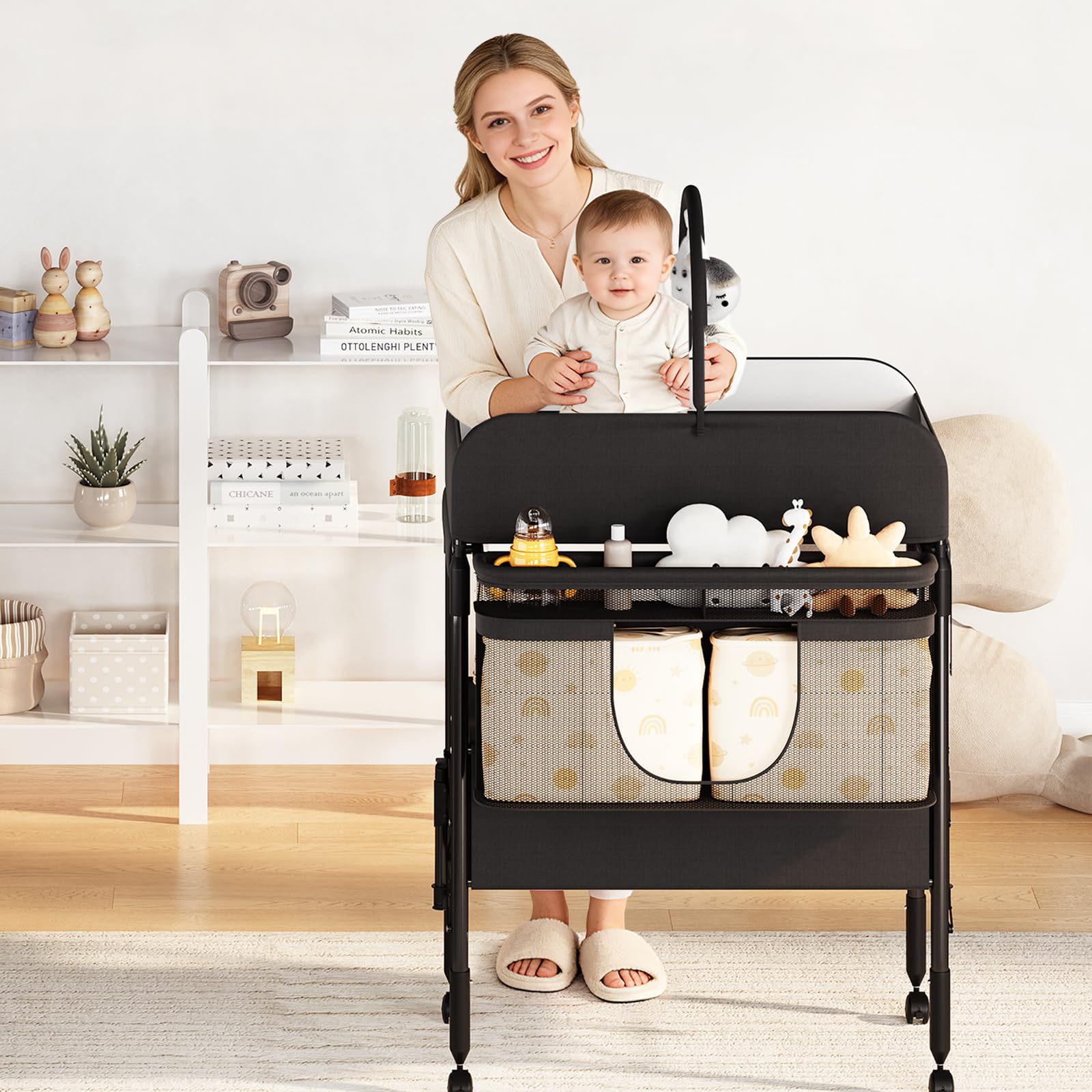 Table à Langer Pliable Bébé Avec 2 Tiroirs, Hauteur Réglable, Matelas Imperméable, Rangement Nurserie, Tringle à Vêtements Et 4 Roulettes Verrouillables, Noir