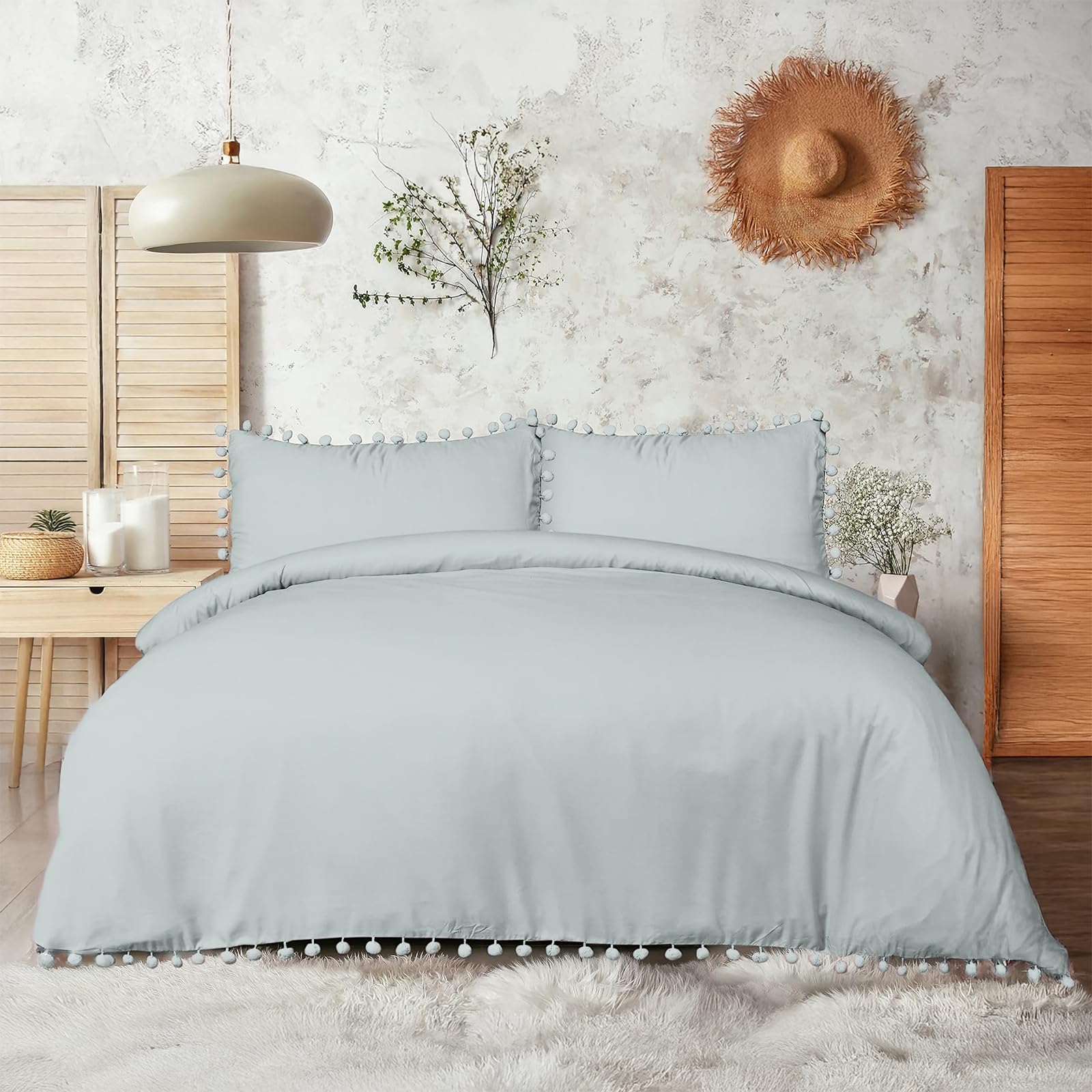 Sleepdown Duckegg Pom Pom Duck Egg Luxury Easy Care Plain Duvet Cover Quilt Bedding Set With Pillowcases - Super King (220Cm X 260Cm), 5056242750123