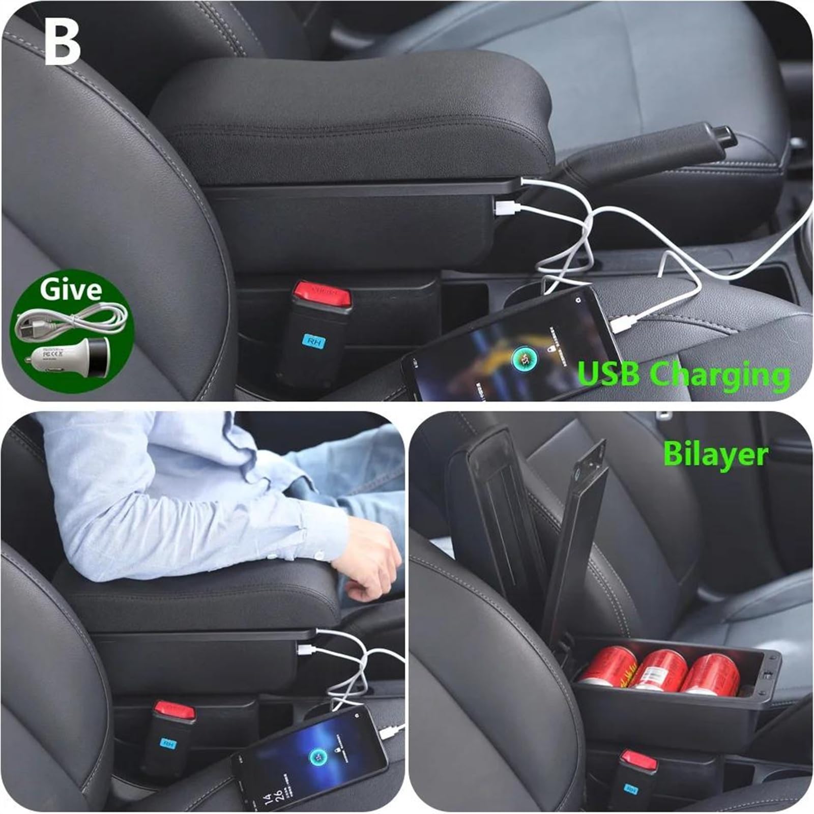 Scatola Bracciolo Con Supporto Multifunzionale Accessori Per La Modifica Degli Interni Dell'auto Imbottiti In PU Per IGNIS Consolle centrale(B3 Black white 3USB)