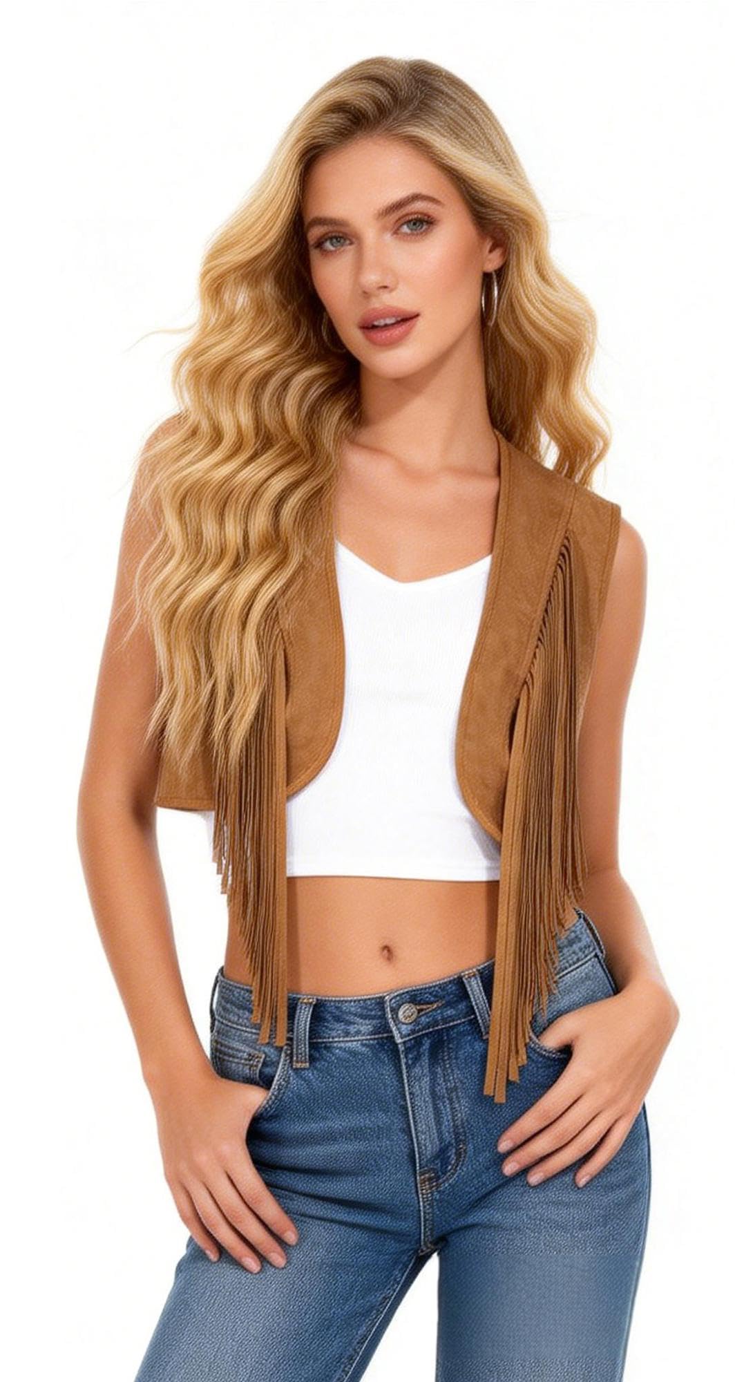 Women Sleeveless Short Jackets Cowboy Hat Outfits Set Ladies Retro Western Cowgirl Hippie Costume Vest with Tassel Faux Suede Cowboy Hat Fringe Vest Fancy Dress Costume Set Brown - Image 2