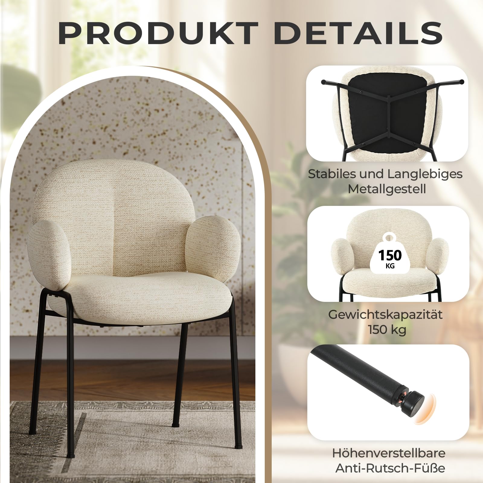 Lot de 6 chaises de Salle à Manger Beige avec accoudoirs - Chaises rembourrées Modernes avec Dossier,Pieds réglables en Hauteur,chaises de Cuisine en Lin pour Salon,Salle à Manger