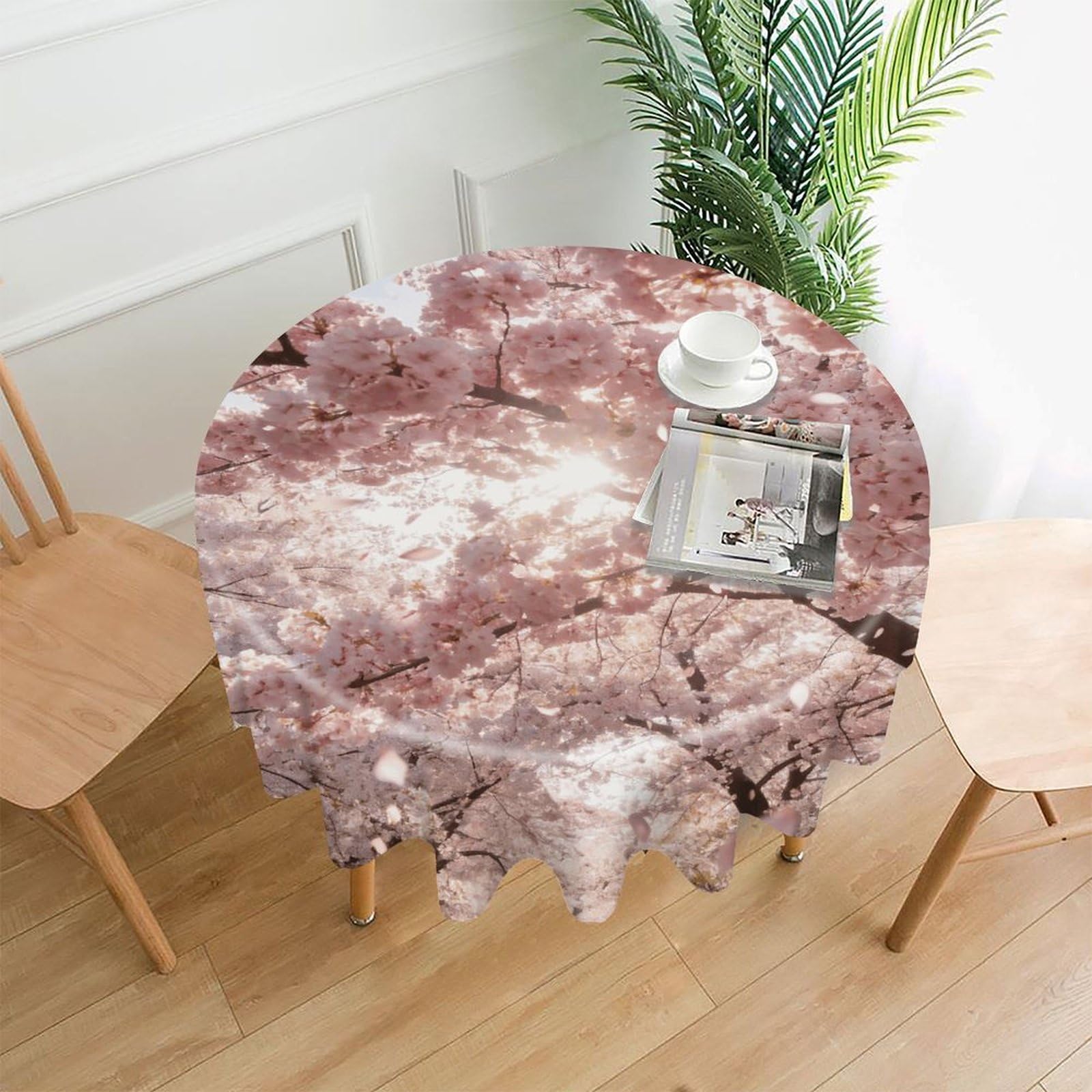 LZQPOEAS Cherry Blossoms Pink Tablecloth Easy to Clean Polyester Round Table Cover Washable Round Table Cloth Wrinkle-Free Circle Decoration Tablecloth for Kitchen and Dining Room 60"