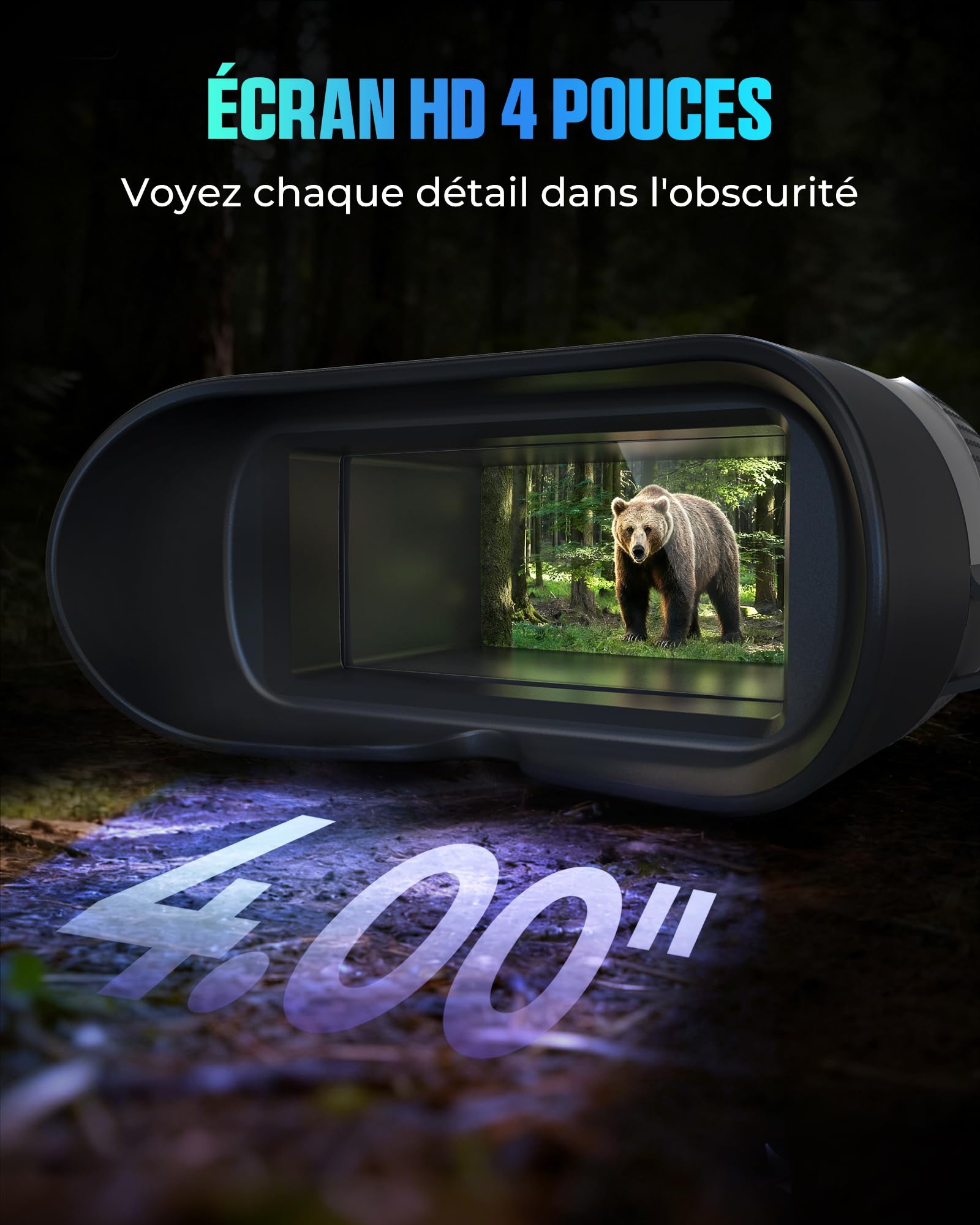 Lunettes de Vision Nocturne CNVPRO 4K, portée 1000 m, Ouverture f/0,8, écran 4", contrôle Wi-FI, Lunette de Vision Nocturne IP54 étanche avec Lampe Torche, Boutons rétroéclairés et Stockage 64 Go