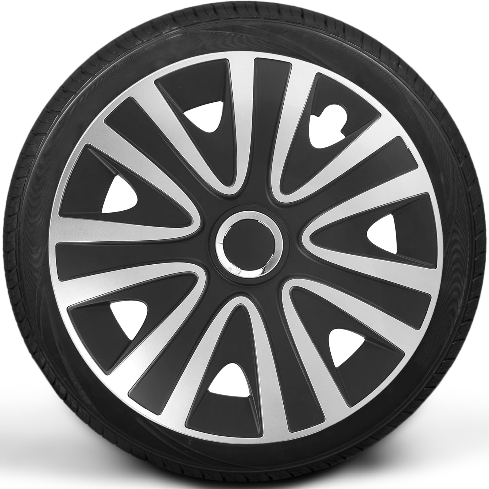 Copricerchi di alta qualità, 15 pollici, in nero e argento opaco, con anello cromato lucido, set da 4 copricerchi per cerchioni in acciaio, copricerchi per una protezione ottimale (Rio/nero argento