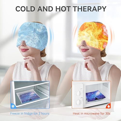 Vista 46 de KingPavonini Envoltura de cabeza de hielo, gorra ajustable para aliviar el dolor de cabeza de migraña con cordón, sombrero de migraña caliente/fría
