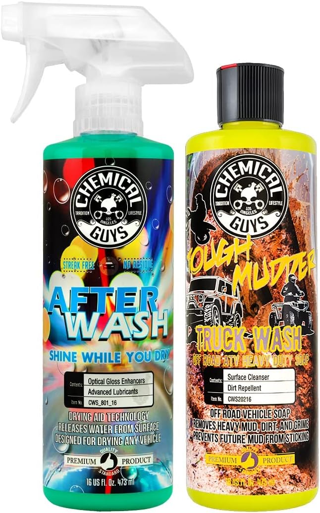Chemical Guys CWS20216A Tough Mudder Foaming Truck, Off Road, ATV and RV Heavy Duty Wash Soap, 16 oz + After Wash Gloss Boosting Drying Aid (16 oz) (2 Items) Works on Cars, Trucks, SUVs