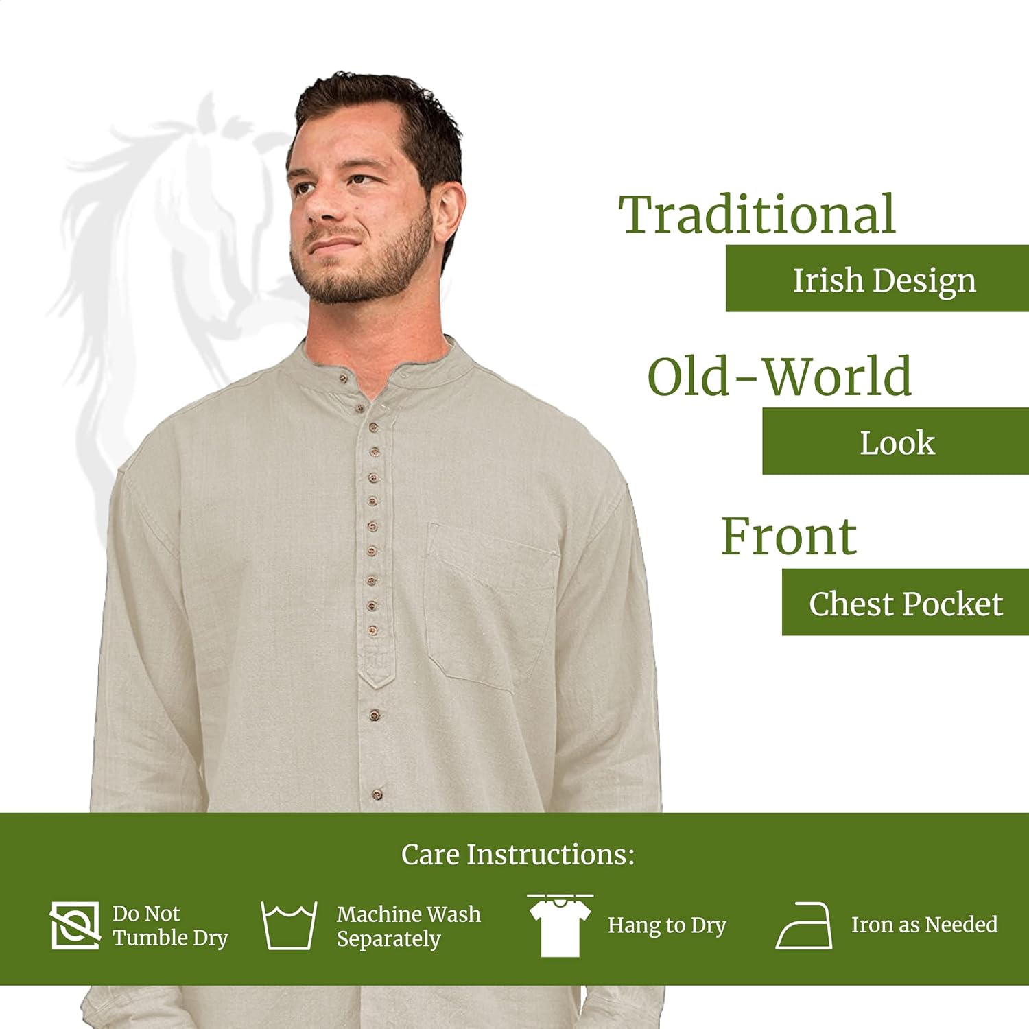 Civilian Irish Grandfather Collarless Shirt, Cotton and Linen Long-Sleeve Traditional Irish Shirt (Stone, Large) - Image 3