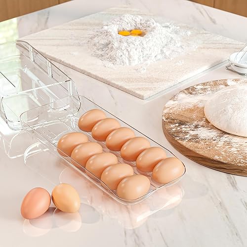 Miniatura 7 de theaoo Soporte para huevos para refrigerador, contenedor automático de huevos para refrigerador, dispensador de huevos de plástico transparente,