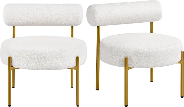 Topeakmart Modern Vanity Chair, Boucle Fabric Accent Chair with Gold Metal Legs for Living Room Makeup Room, 2 PCS, White