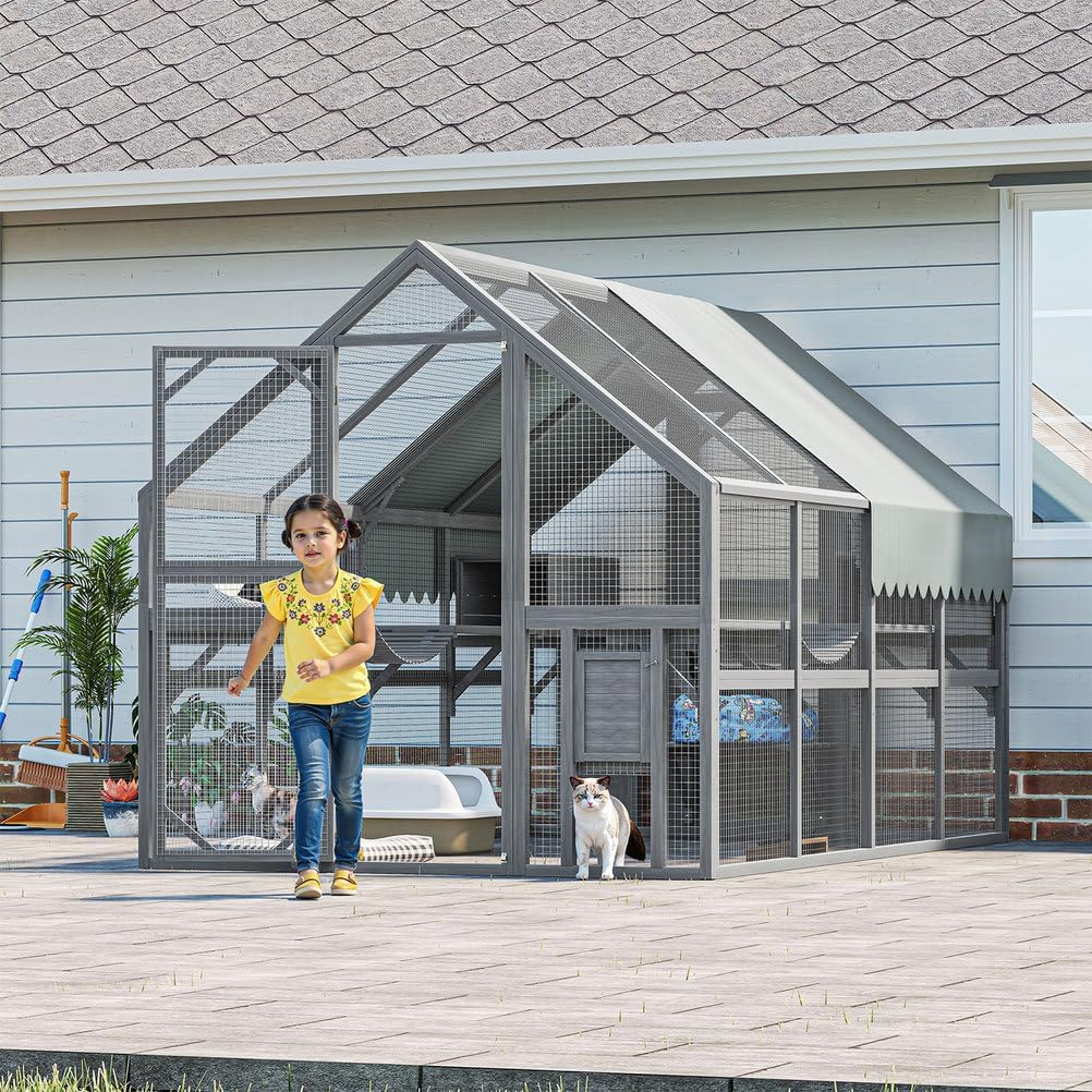 Outdoor Cat Enclosure 74" Large Wooden Catio with 7 Platforms, 2 Rest Boxes & Bridges, Weather-Protective Roof, Secure Multi-Level Cat House for Multiple Cats Outdoor Play, Gray