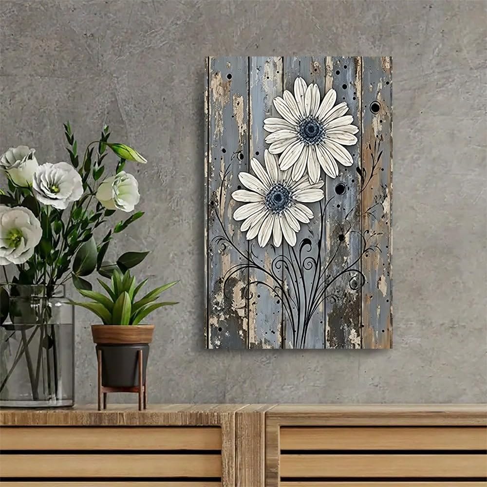 SPXLUCAW 1pc Canvas Wall Art, White Daisies Against a Blue-Gray Background, for Living Room Bedroom Office Decor(30x40cm/No frame)