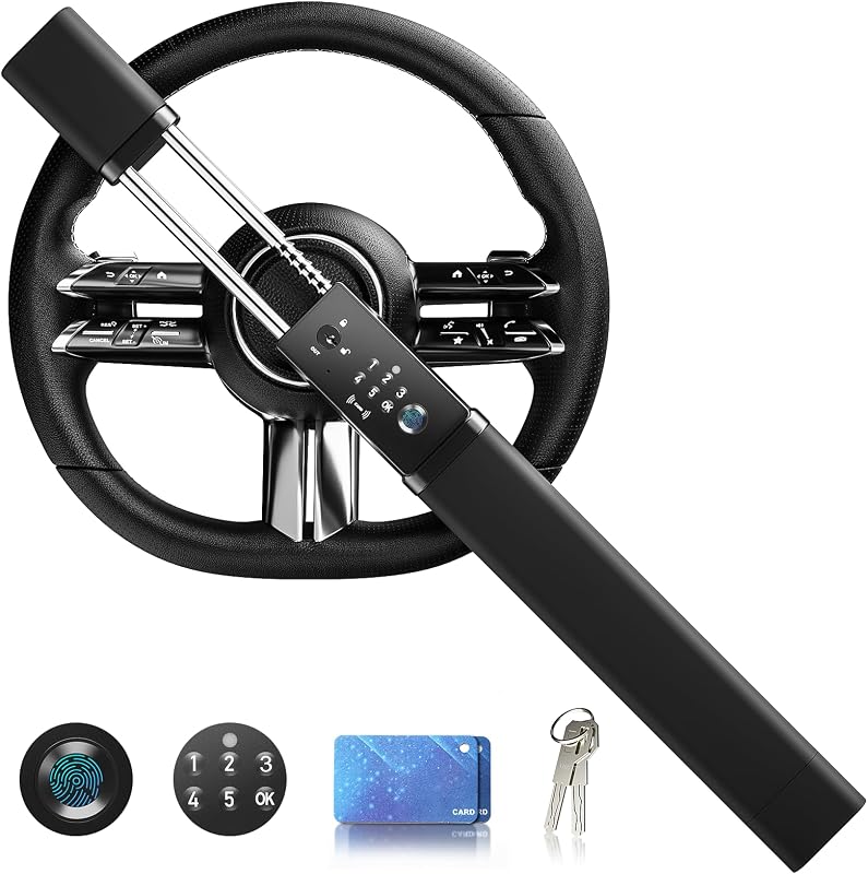 Cerradura Inteligente para Volante, Cerradura de Seguridad Antirrobo para Auto con Huella Dactilar y Teclado Numérico con Alarma Doble, Longitud Ajustable para Volantes Universales de Forma Estándar, Rompeventanas Incluido