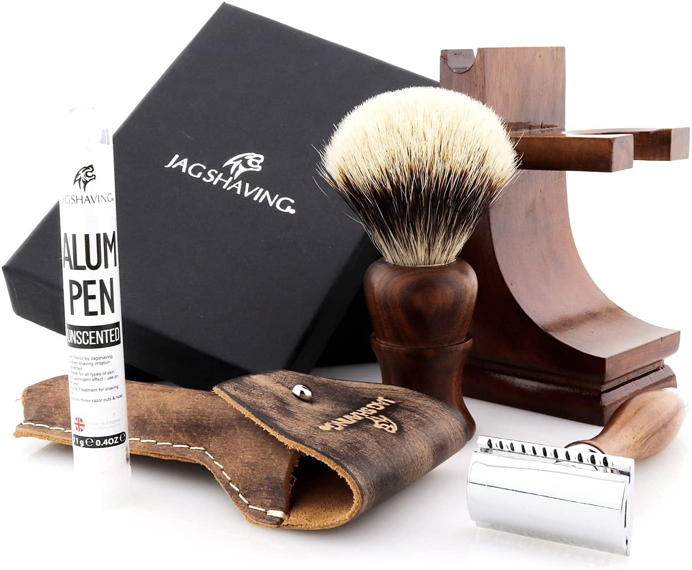 Jag Shaving Zestaw do golenia – zrównoważony 4-częściowy zestaw do golenia z drewna – pędzel do golenia z włosia borsuka – podwójne ostrza do golenia – stojak do golenia – skórzany pokrowiec do
