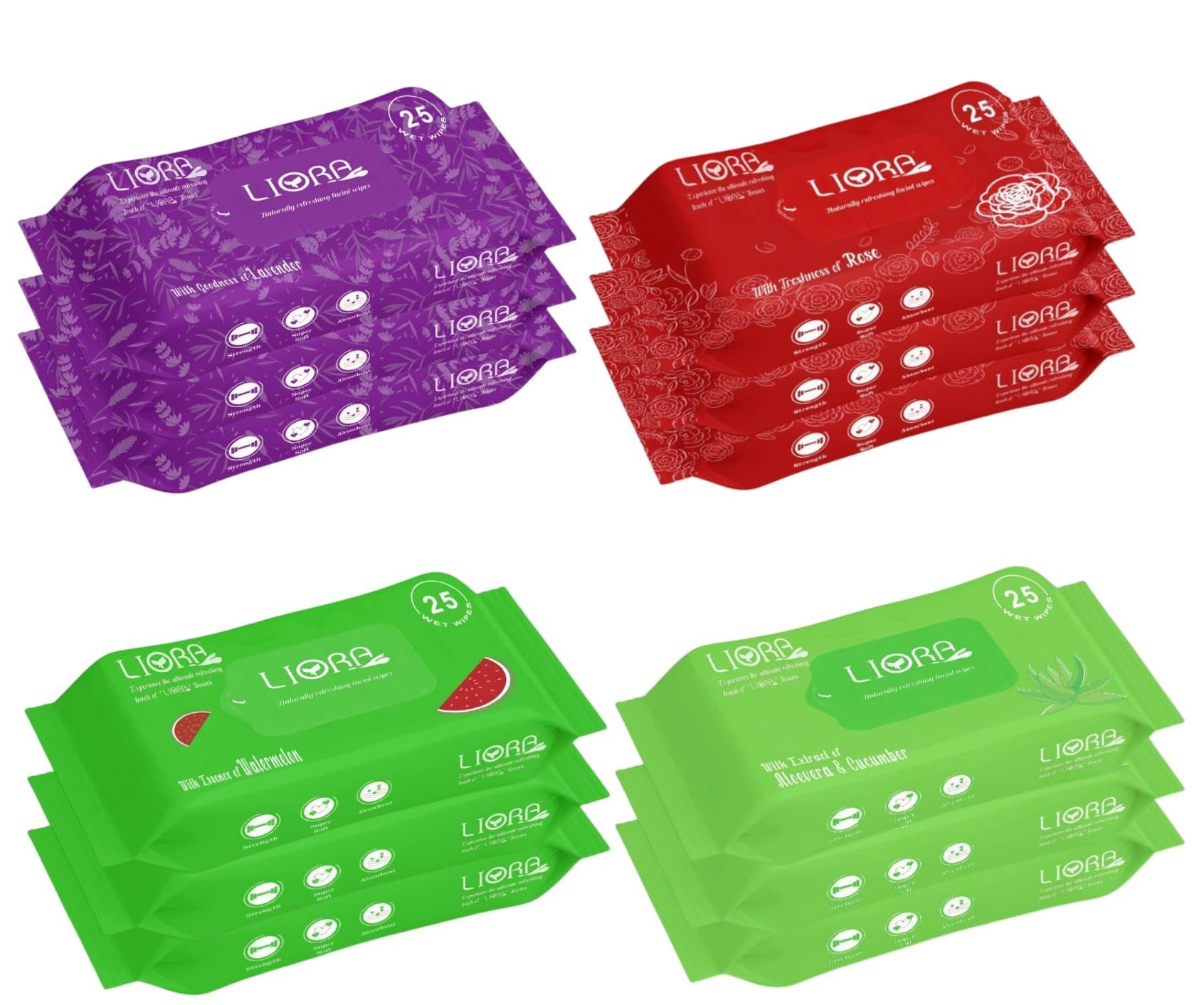 Liora Wet Wipes, Daily Cleansing Refreshing and Moisturizing Wet Facial Wipes - Rose, Lavender, Watermelon, Cucumber with Goodness of Aloevera, Antiacne (25 Count Each, Pack of 12)-image-16