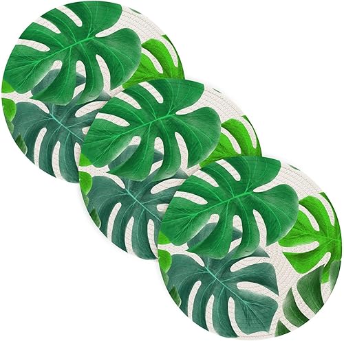 3 Pcs Large Trivet Mat Tropical Greens Leaves Pattern for Hot Dishes 15in Cotton Thread Weave Heat Resistant Coasters for Hot Pot Modern Farmhouse